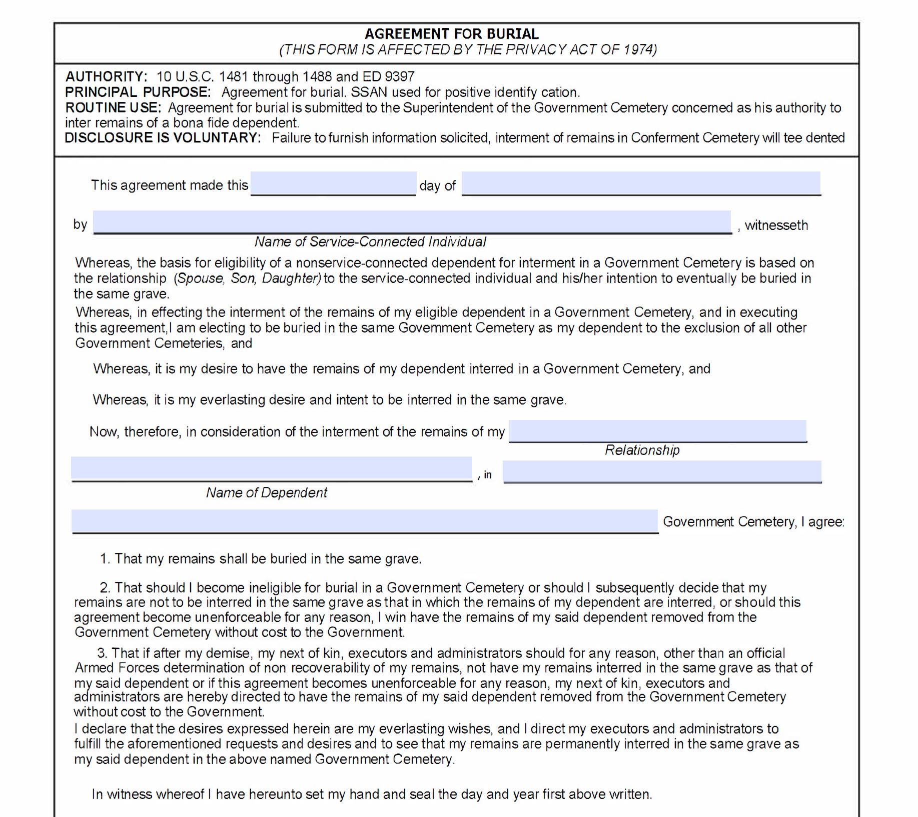 AF Form 507 - Agreement For Burial PDF